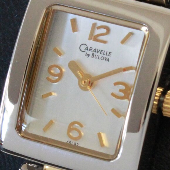 Caravelle Ladies Silver Tone With Gold Accents ½ Bangle Bracelet MOP Dial 16mm - Picture 14 of 15